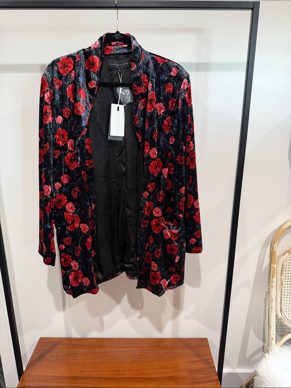 Velvet Floral Open Blazer - Black with Red Roses
